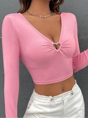 🍒🩷 Y2K Bubble Gum Pink Ribbed Crop Top Heart Rhinestone Ring Long Sleeve Sz M